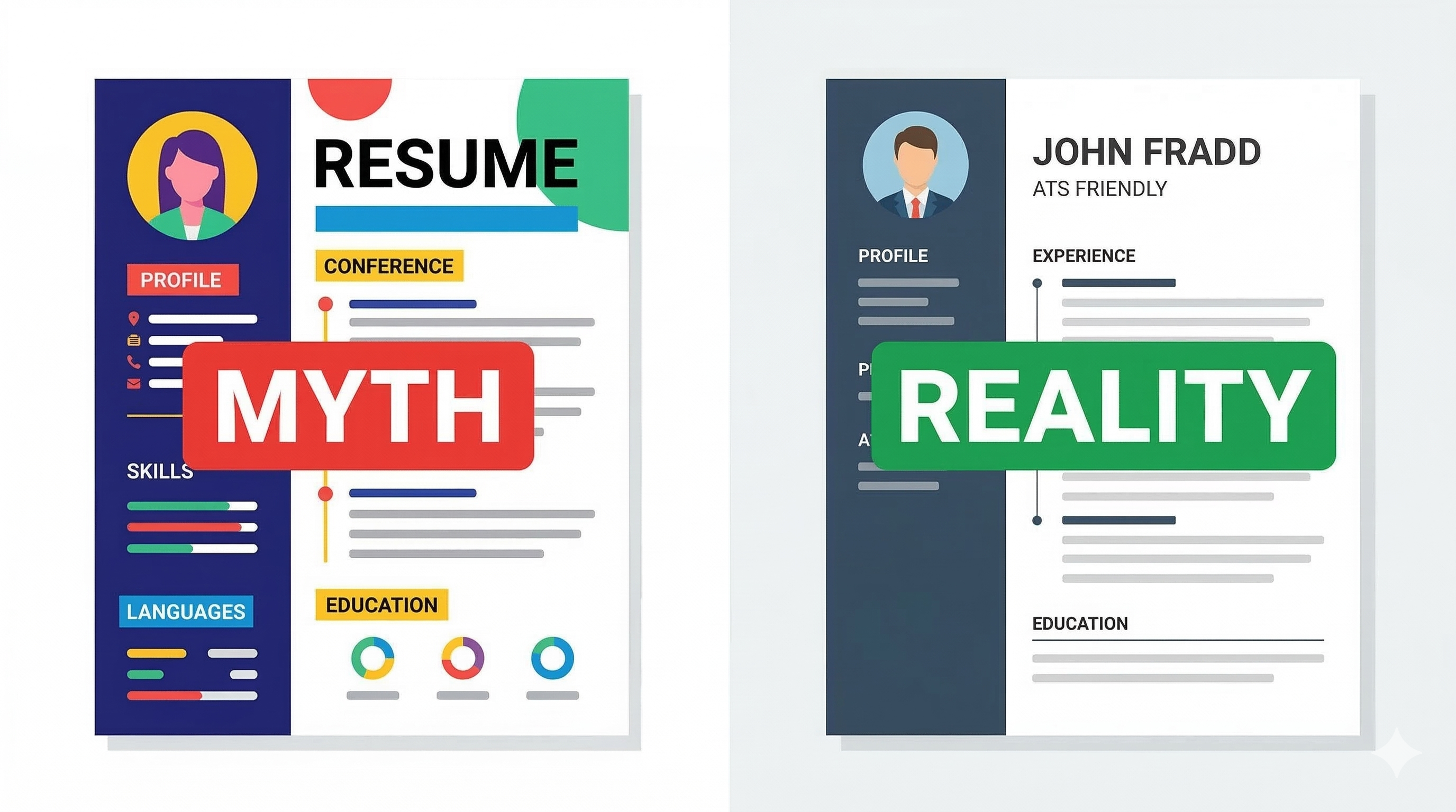 Resume myth versus reality showing creative resume failing versus clean ATS friendly resume succeeding