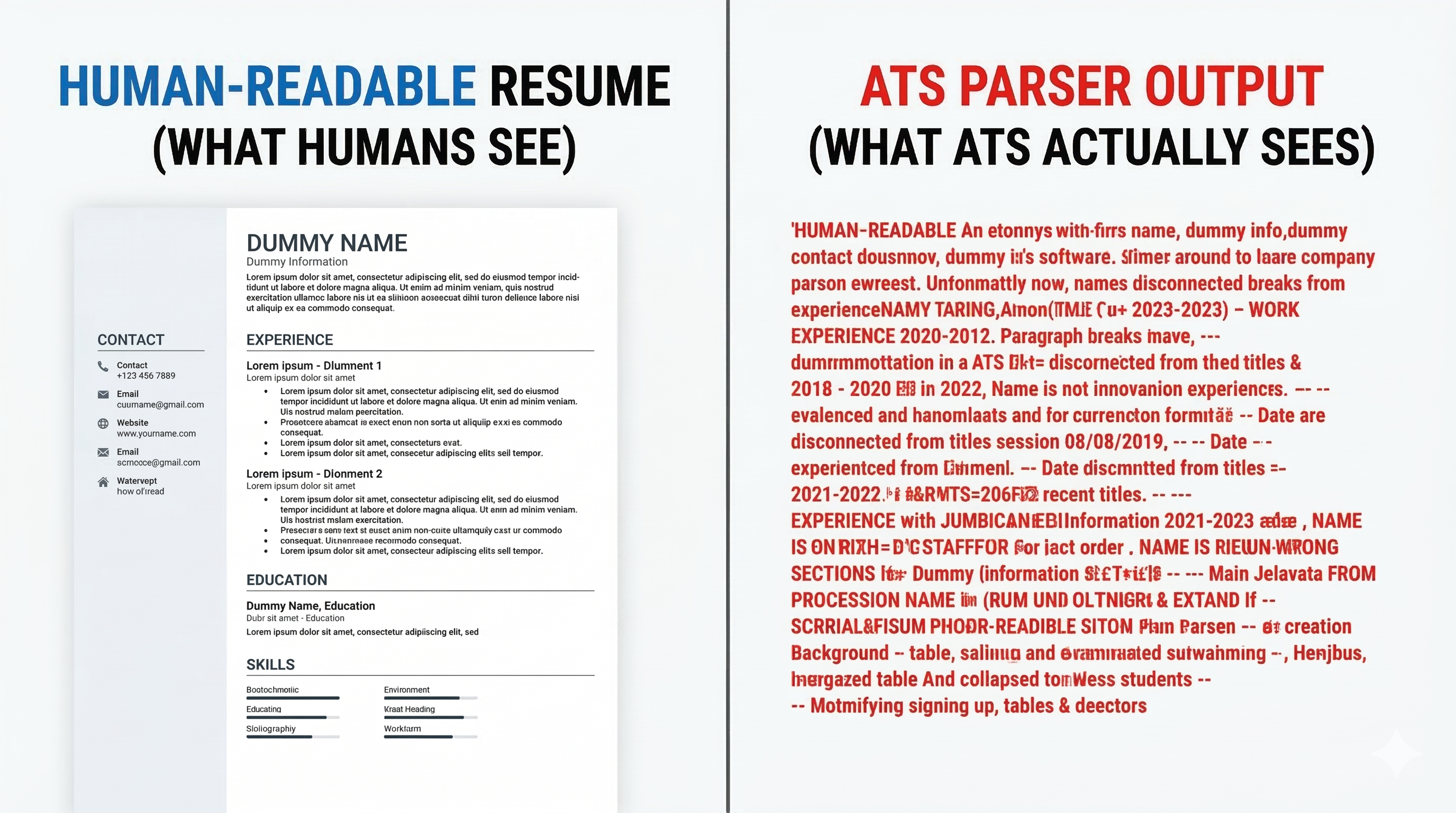 Split screen showing beautiful resume as human sees it versus scrambled unreadable text as ATS parser reads it