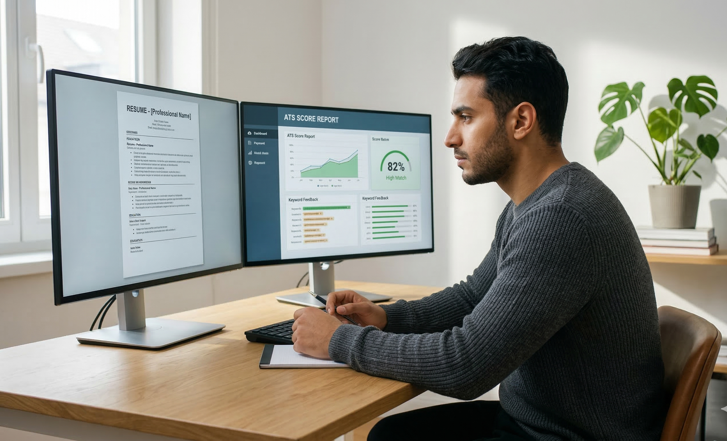 Professional using ATS resume checker with resume on one screen and score report on other