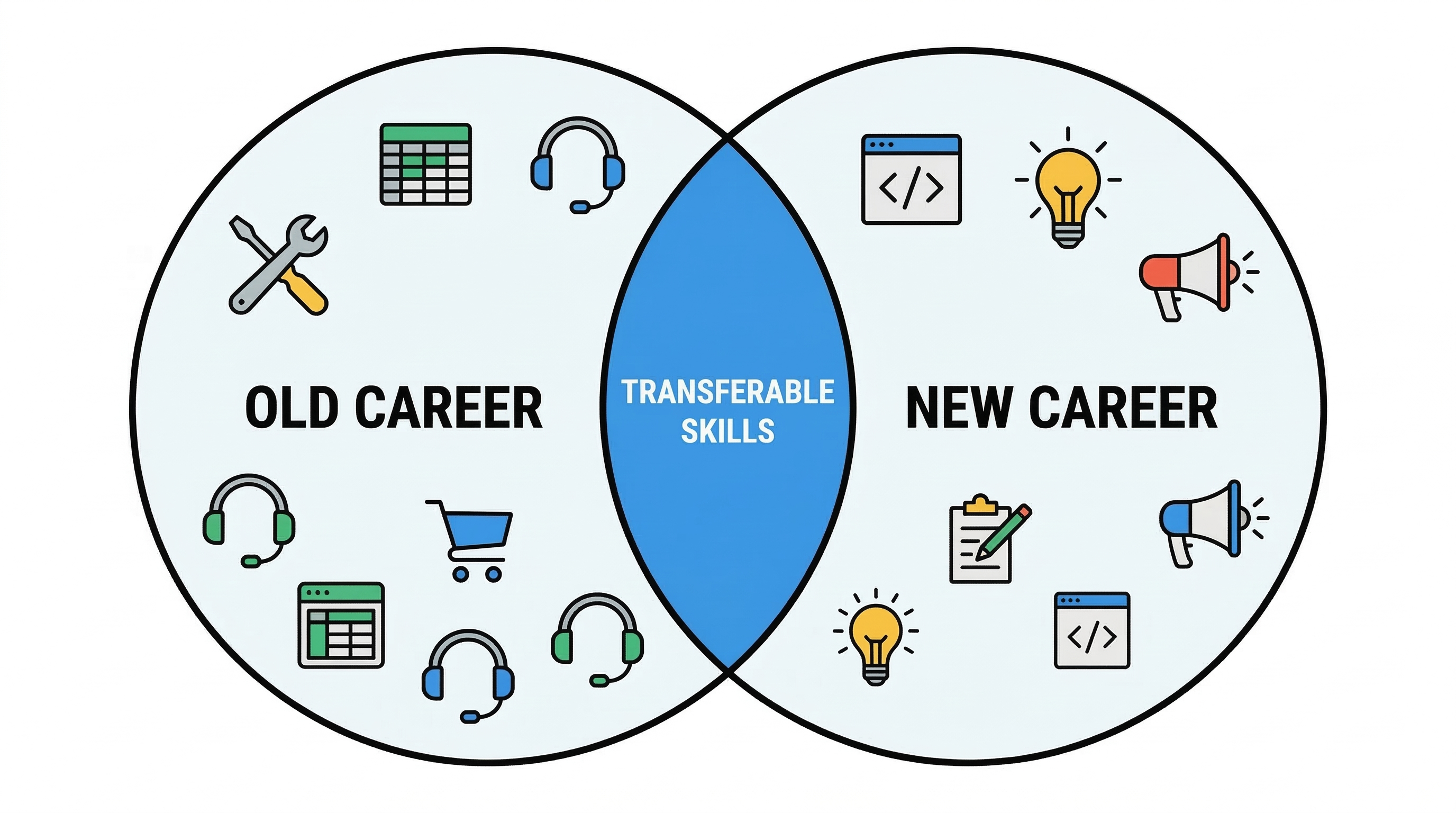 Venn diagram showing transferable skills overlap between old career and new career