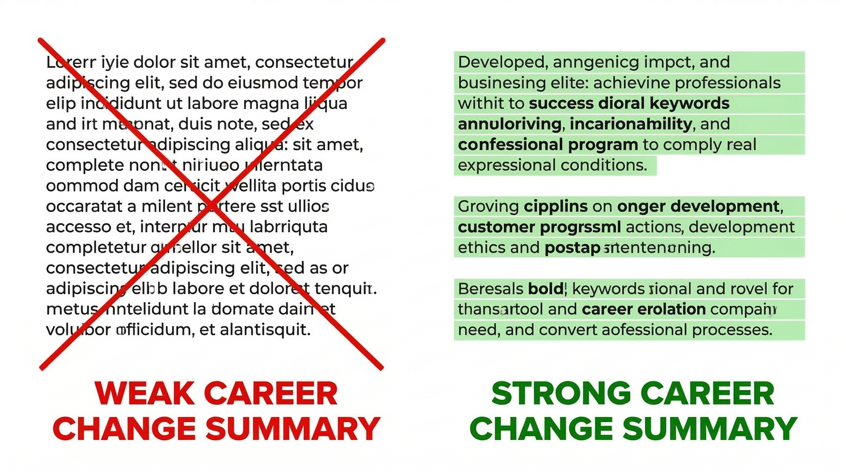 Weak career change resume summary crossed out versus strong keyword rich summary highlighted