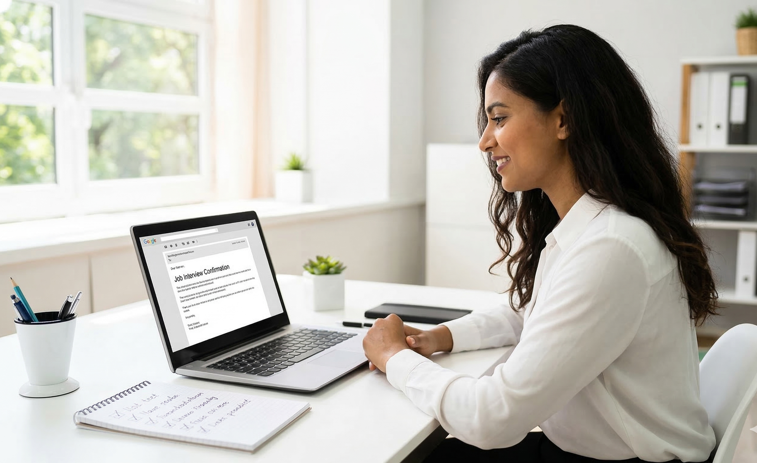 Professional celebrating completed resume checklist with job interview confirmation on laptop