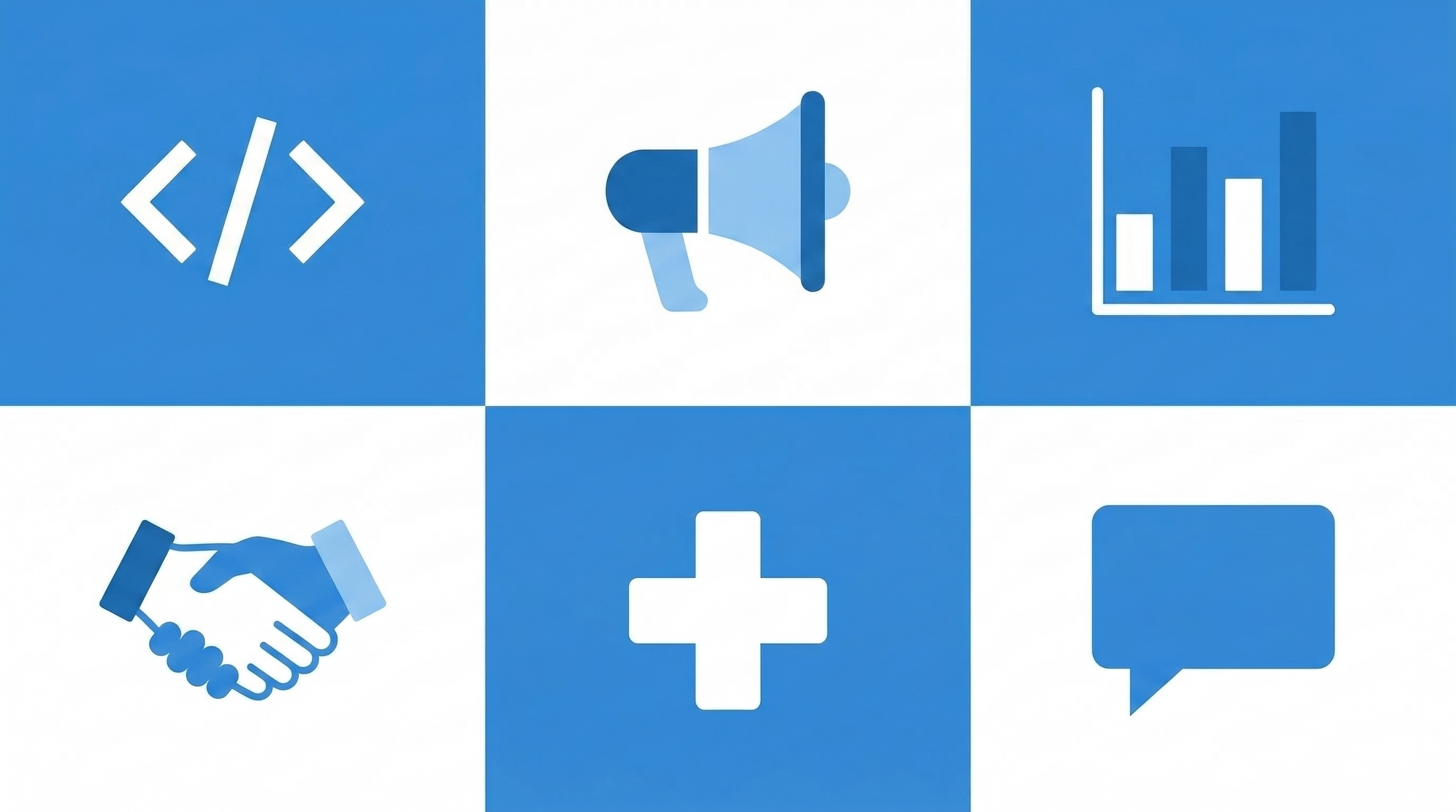 Flat design icons grid showing categories: code bracket for tech, megaphone for marketing, bar chart for finance, handshake for sales, medical cross for healthcare, speech bubble for soft skills, blue and white minimal style, no text