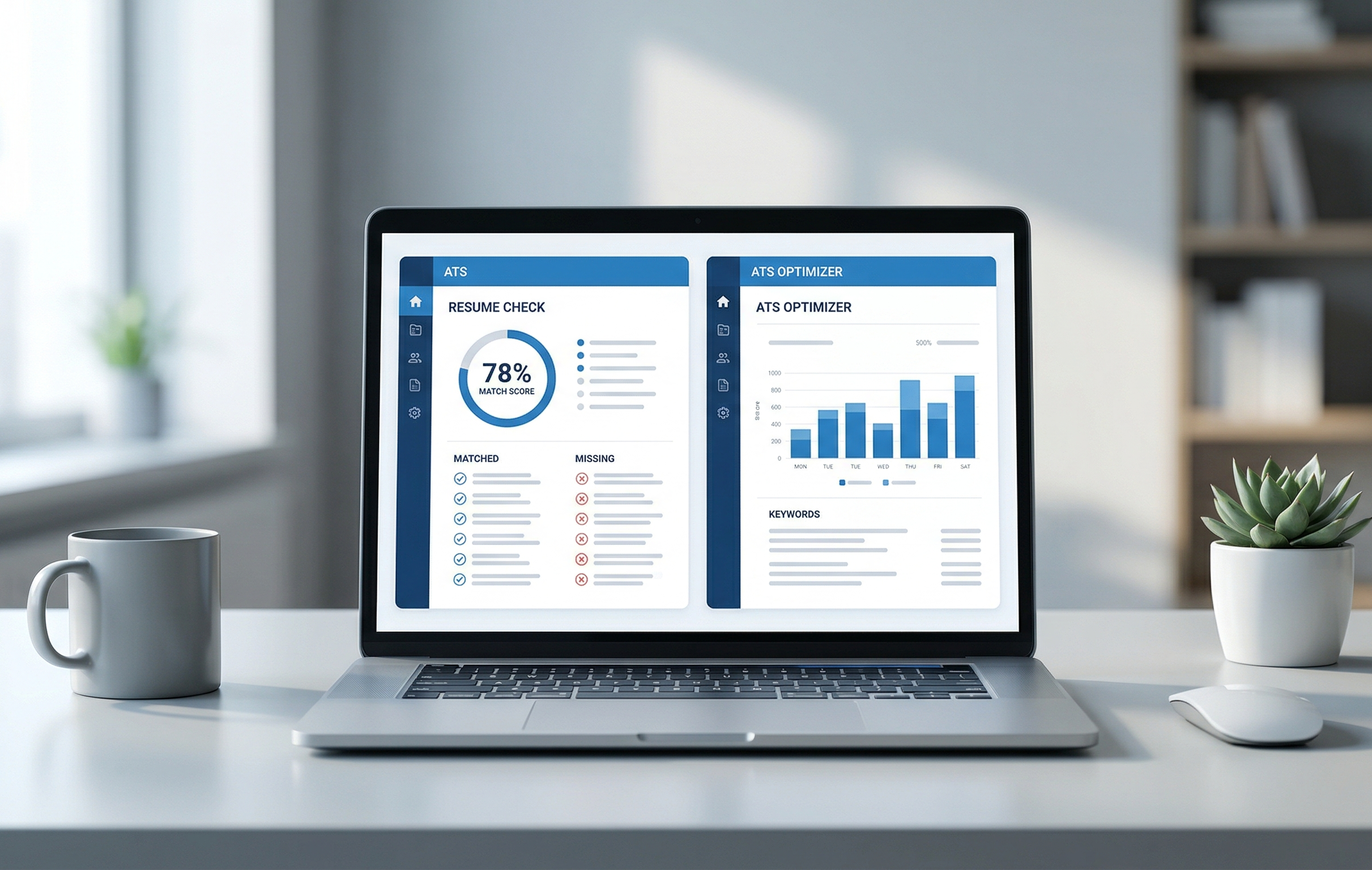 Resume ATS checker tools open on laptop showing keyword analysis and optimization score dashboards