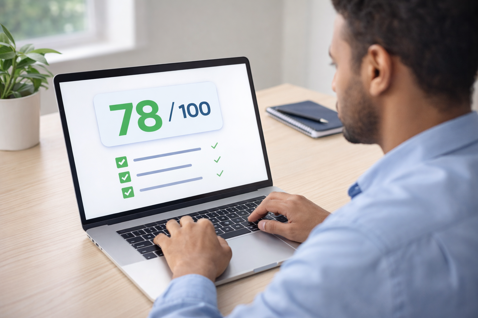 Professional checking ATS resume format score on laptop showing 78 out of 100 with green checkmarks for correct formatting