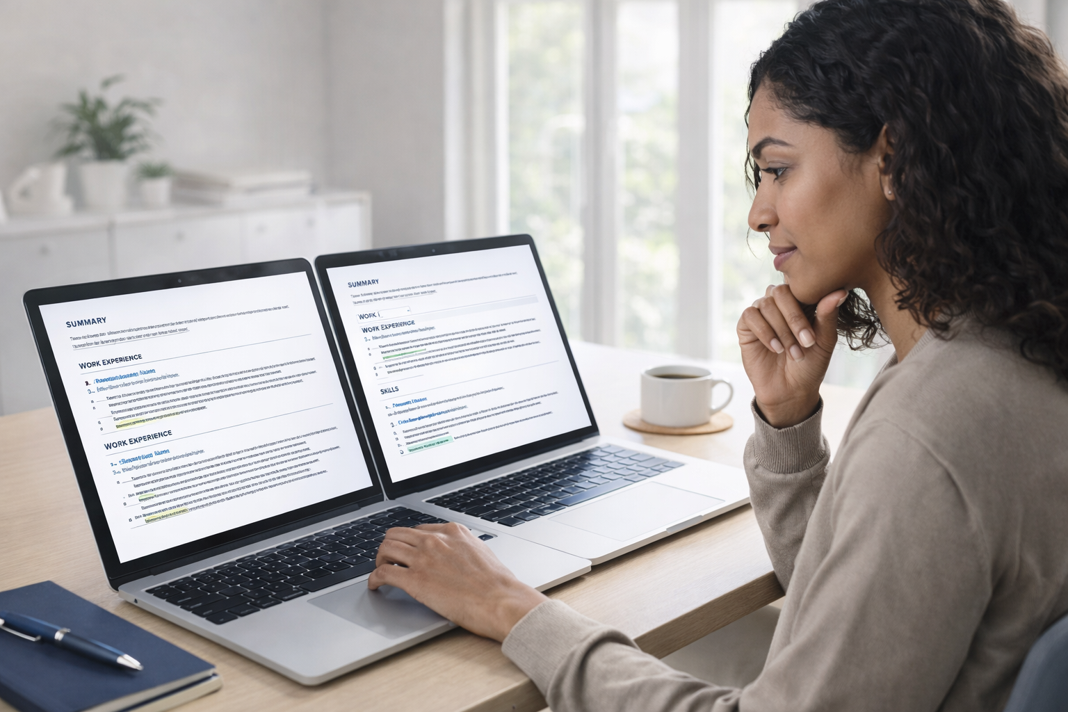 Professional comparing chronological and combination resume formats on laptop to choose best ATS friendly format