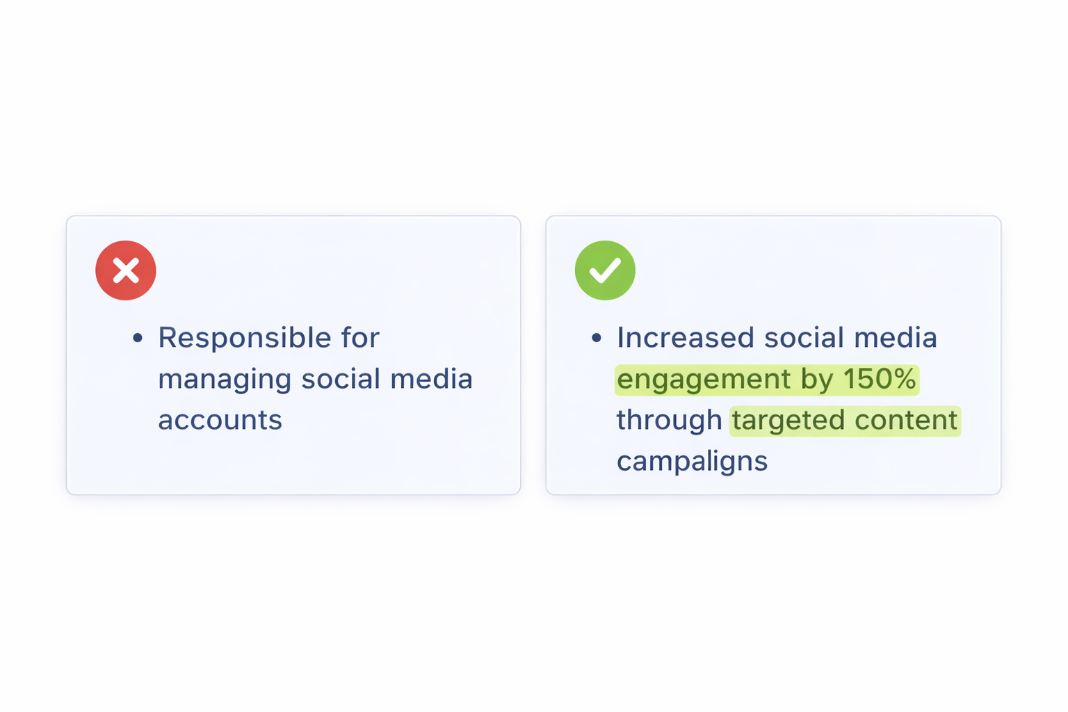 LinkedIn work experience comparison showing weak responsibilities-based bullets versus strong achievement-based CAR format bullets