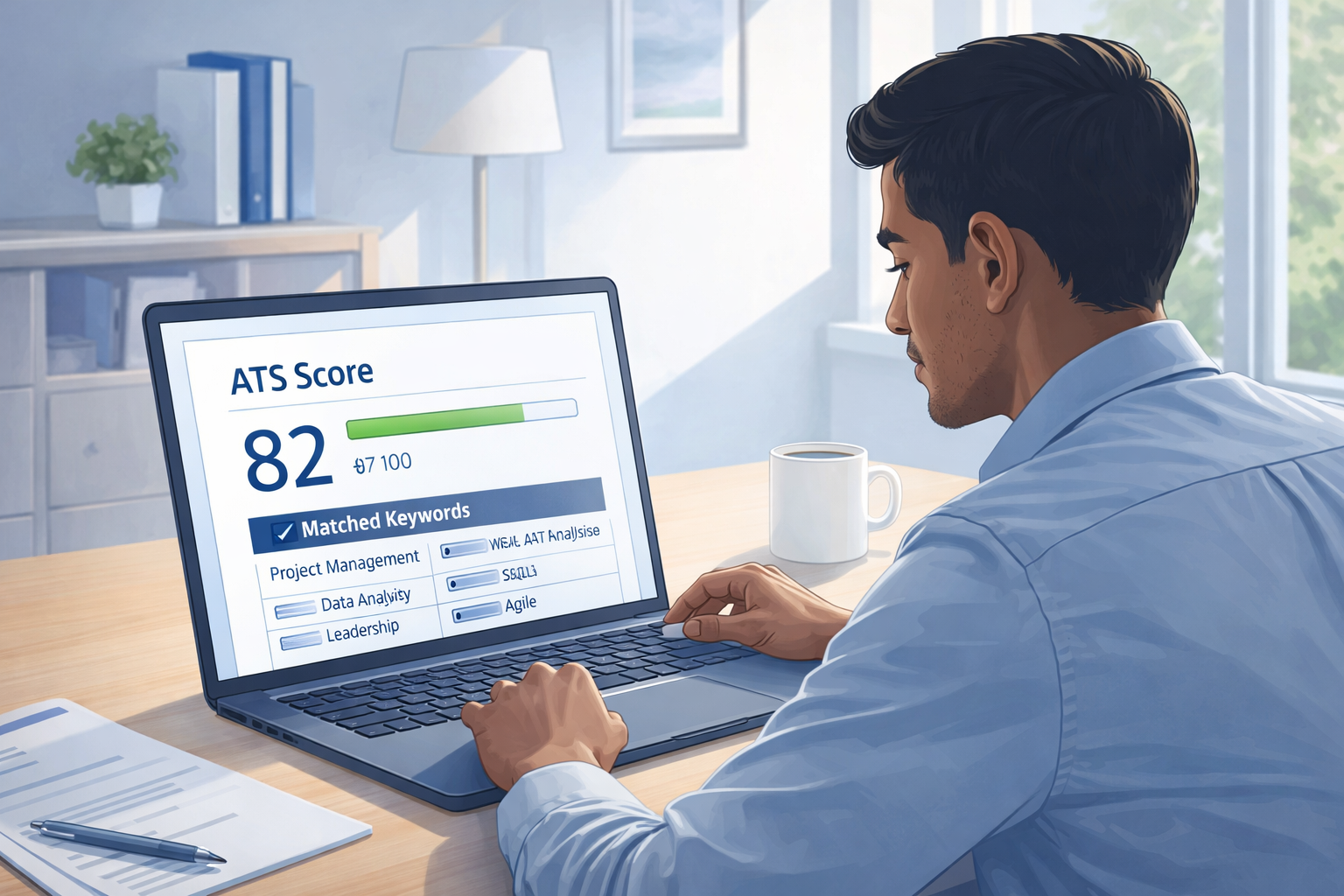 Job seeker checking ATS score showing 82 out of 100 with green progress bar and matched keyword list on laptop screen