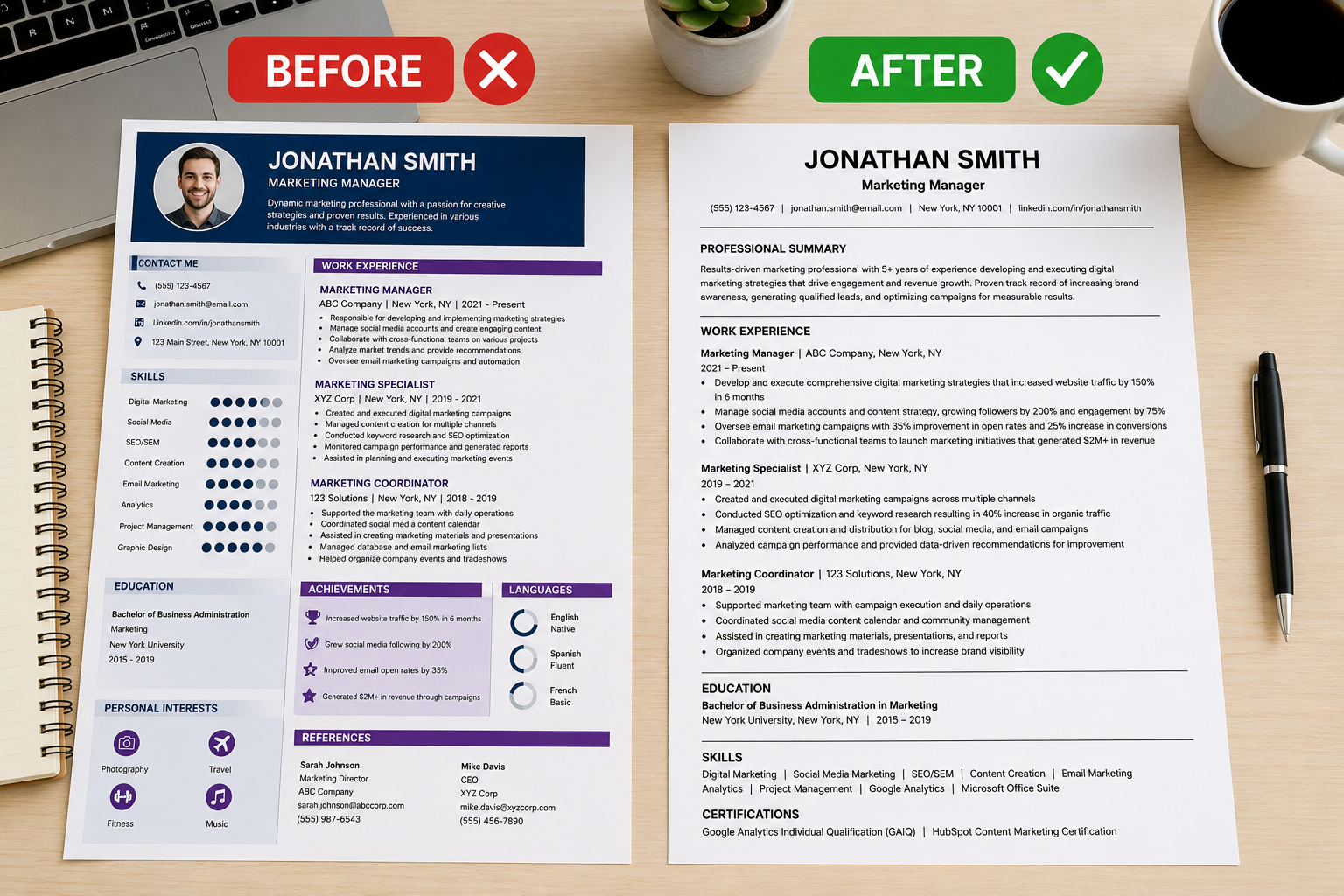 Before and after comparison showing cluttered resume versus ATS-friendly resume format