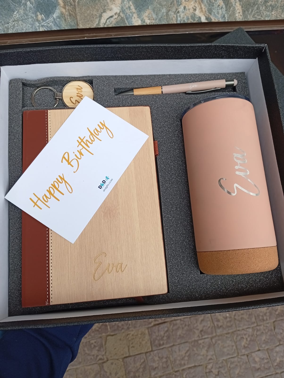Premium corporate gift set in Kenya with personalized notebook and thermal mug