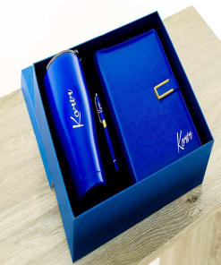 Corporate Gifts, thermal mug pen and notebook.