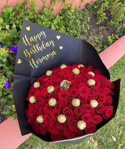 Bouquet of red roses and ferrero chocolates