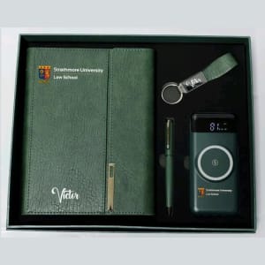 Green corporate gift set in Kenya with power bank, notebook, pen and key holder
