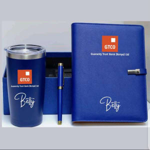 Blue corporate gift set in Kenya with executive notebook, thermal mug and pen