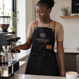Woman barista wearing custom branded black canvas apron with gold logo print in Nairobi Kenya