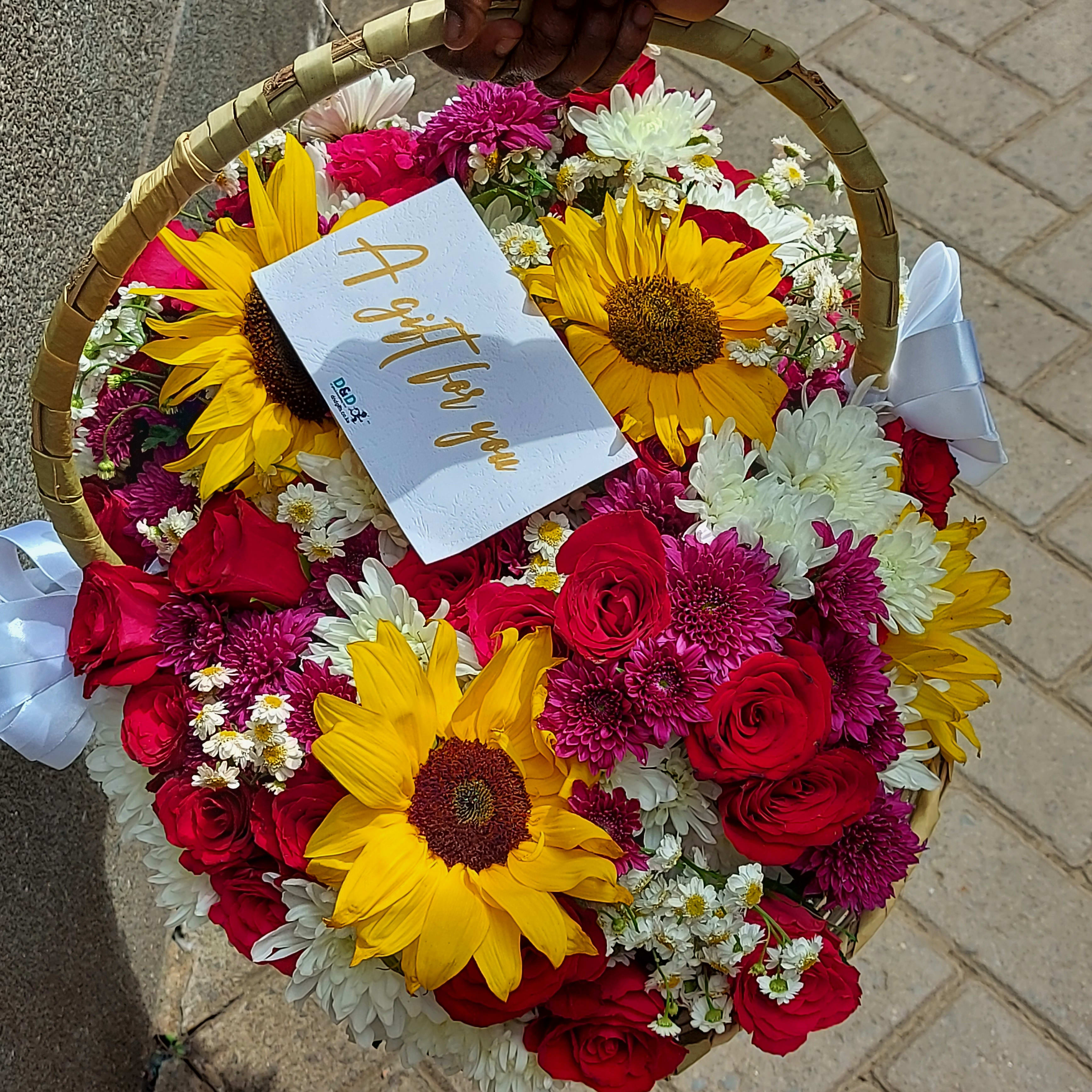 Basket of mixed flowers.
