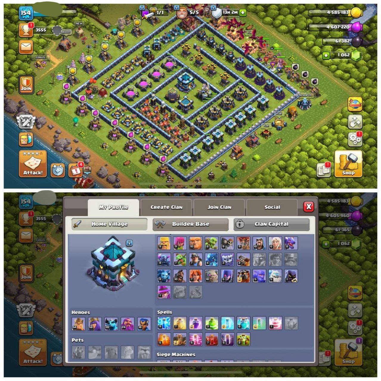 {STRONG ACCOUNT} TH13 SEMI MAX⚡️3 EPIC EQUIPMENTS⚡️XP-154⚡️HERO 54-58-38-24-16⚡️  DARK BLUE WALLS⚡️1000 GEMS NAME CHANGE⚡️MAGIC ITEMS⚡️OP LAB⚡️INSTANT DELIVERY