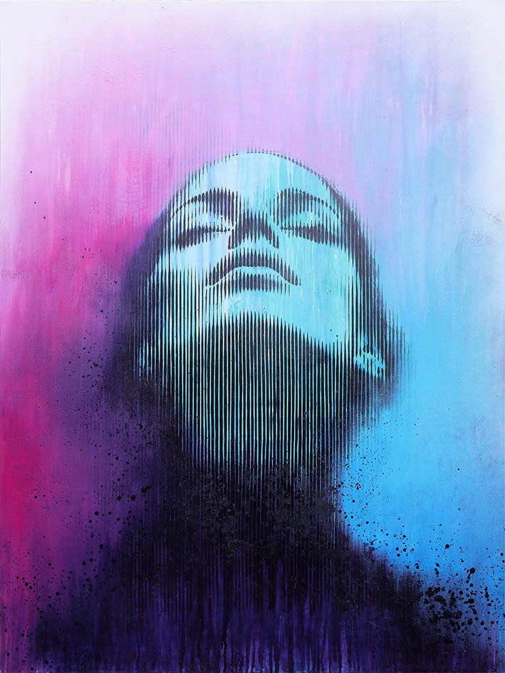 Originales Frauenportrait Kunstwerk im Urban-Art-Stil mit kräftigen Farben und Mixed-Media-Technik