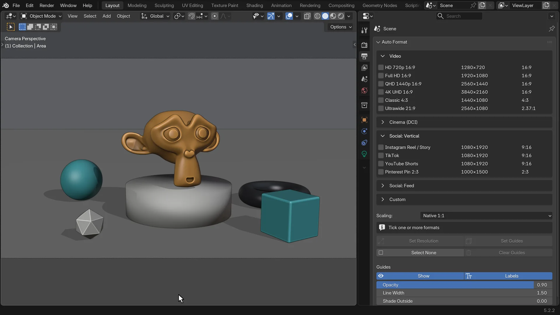 Auto Format panel in Blender: ticking Full HD 16:9, Instagram Reel and Pinterest Pin sets a 1920×1920 resolution and draws a labelled guide for each format