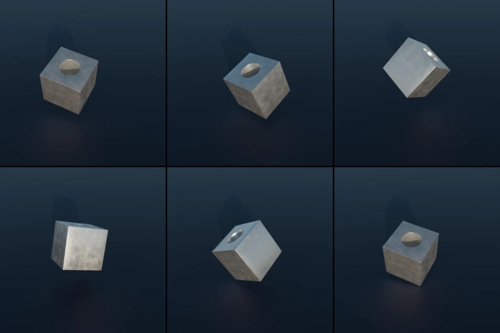 Six renders of a metal cube with randomized position, rotation and scale