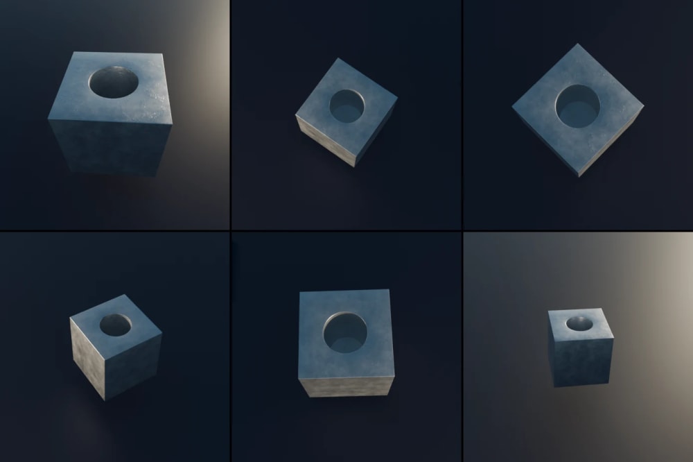 Six renders of a metal cube seen from randomized camera angles, distances and focal lengths