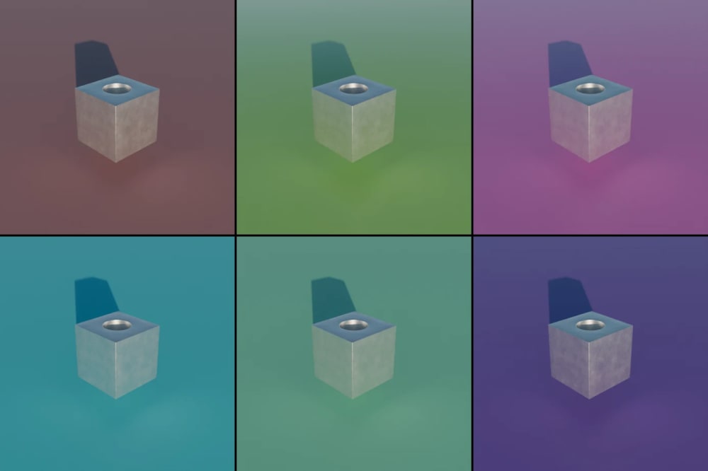Six renders of a metal cube with randomized background material colors