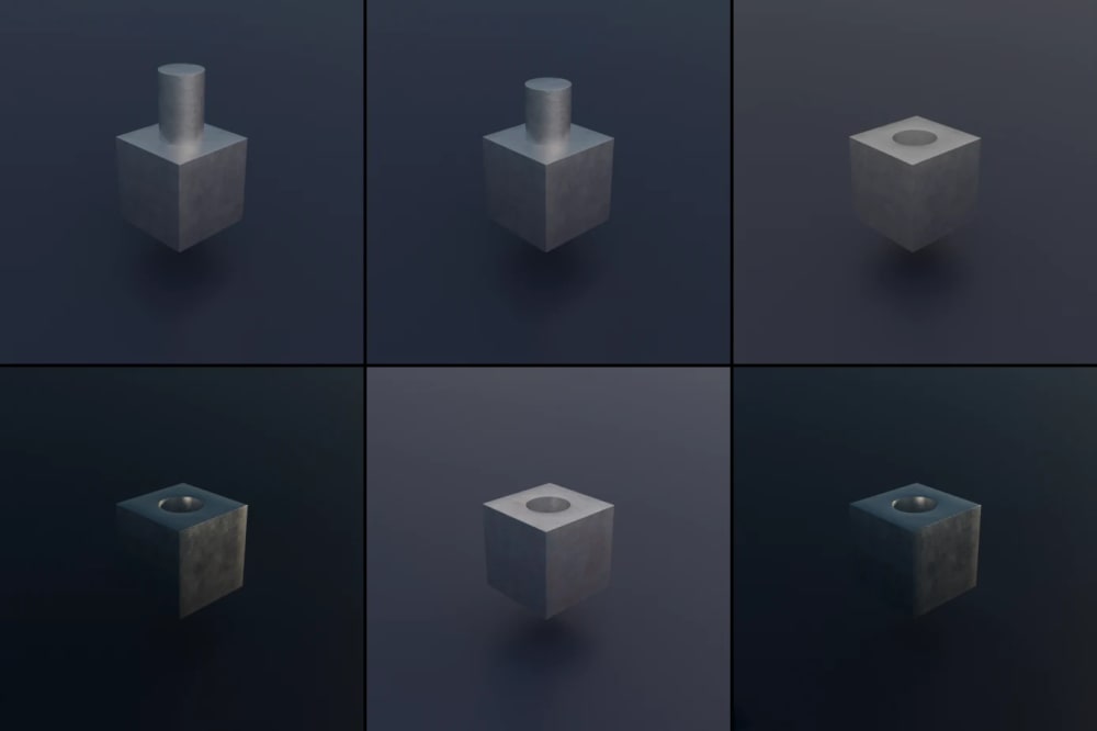 Six renders of a metal part with randomized geometry settings and lighting