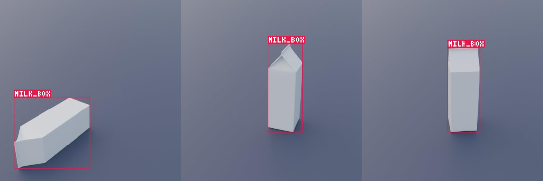 Three renders of a milk carton, standing or lying in random positions, each with its MILK_BOX bounding box label