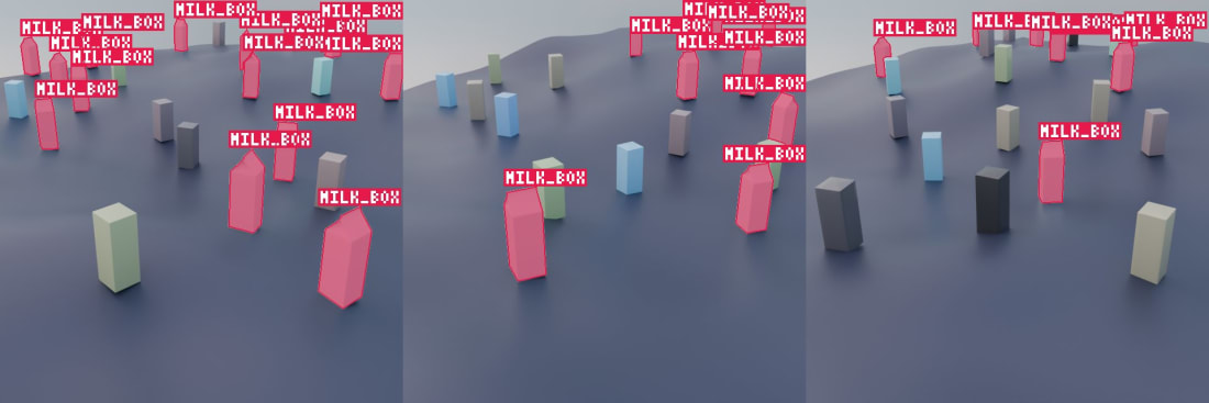 Three renders of milk cartons scattered on uneven ground among other boxes, with segmentation masks and labels on every carton