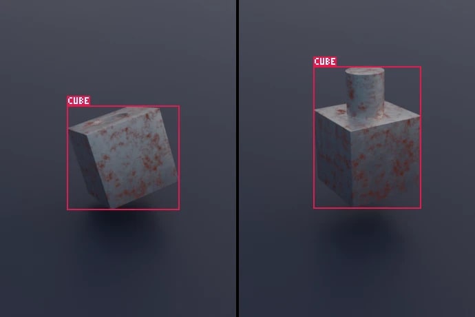 Two preview images of metal parts with their bounding boxes and class label drawn on top