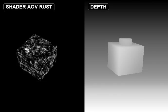 A shader AOV showing rust on a metal cube, next to a depth pass of the scene