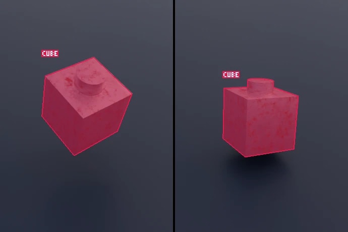 Two preview images of metal parts with their segmentation masks and class label drawn on top