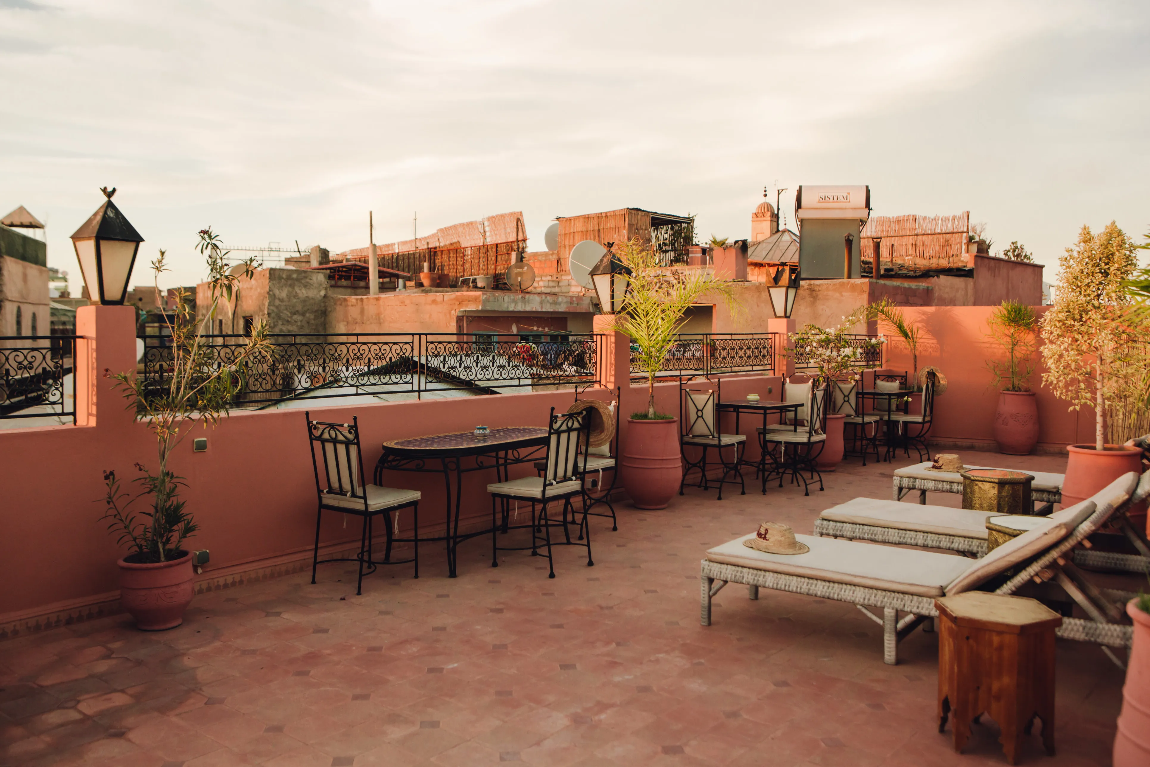 Magical sunset terrace - Evening atmosphere over Marrakech from Riad Bensaid rooftop