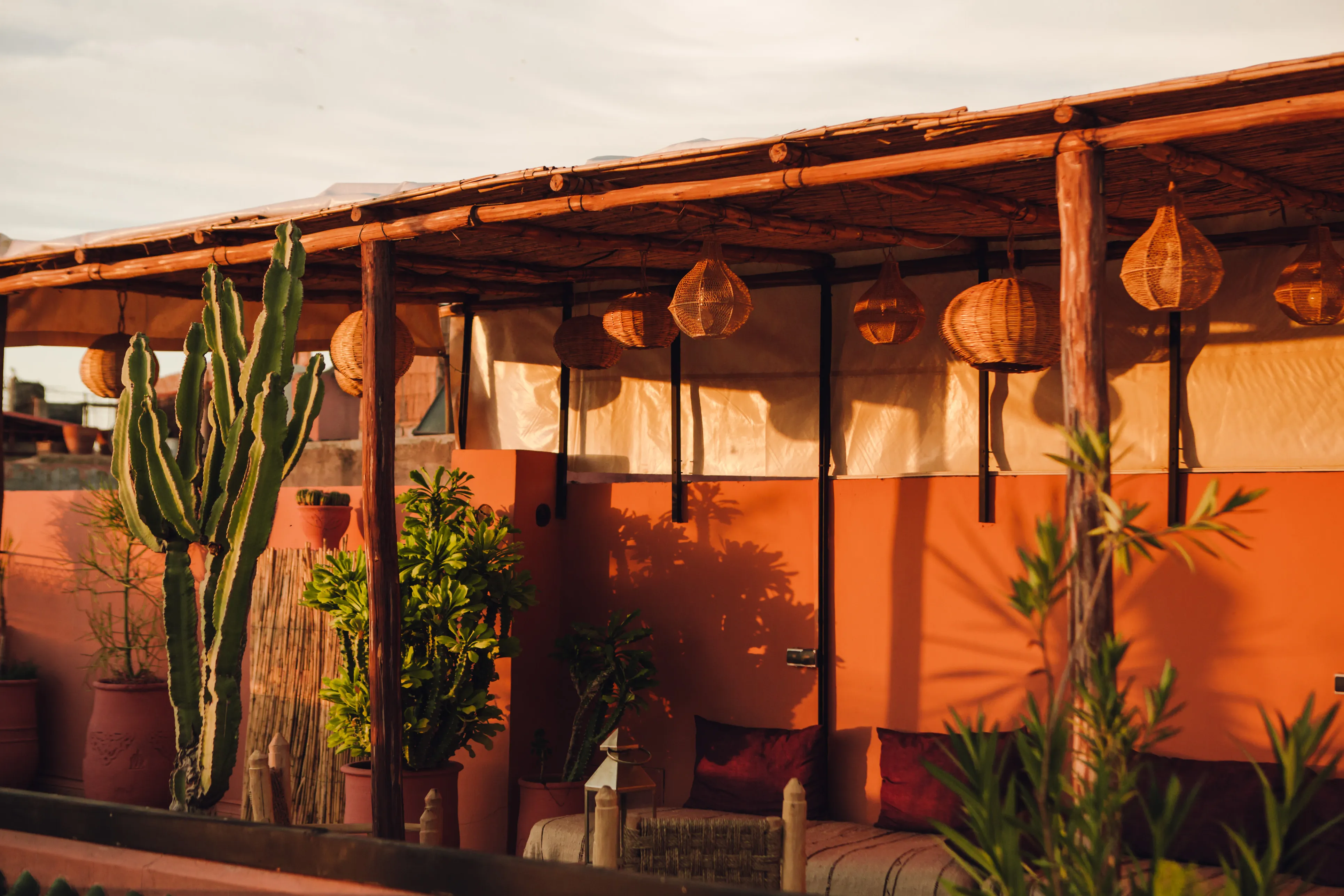 Shaded pergola area - Relaxation space at Riad Bensaid Marrakech traditional riad