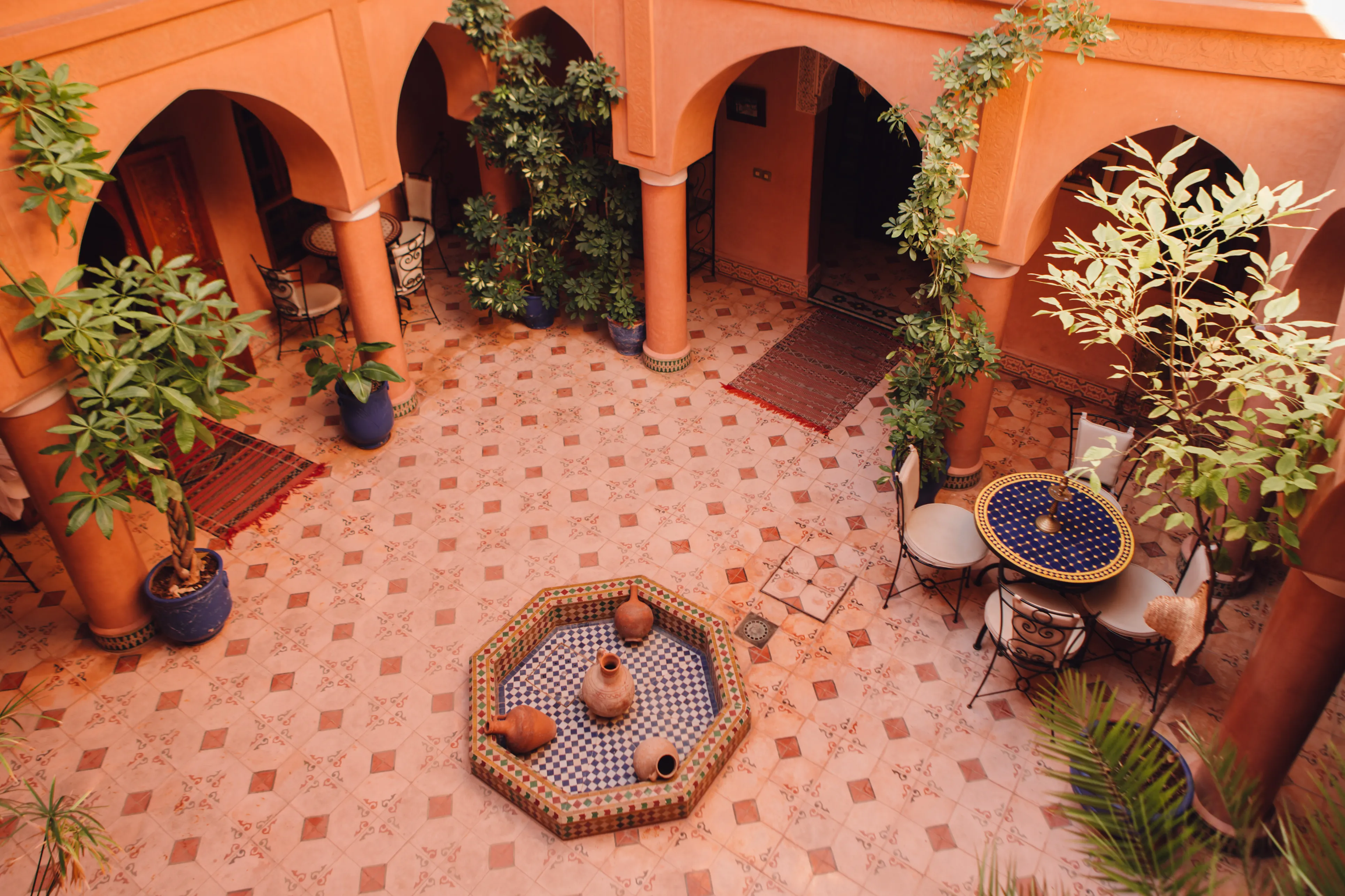 Intricate patio details - Traditional Moroccan architecture at Riad Bensaid central courtyard
