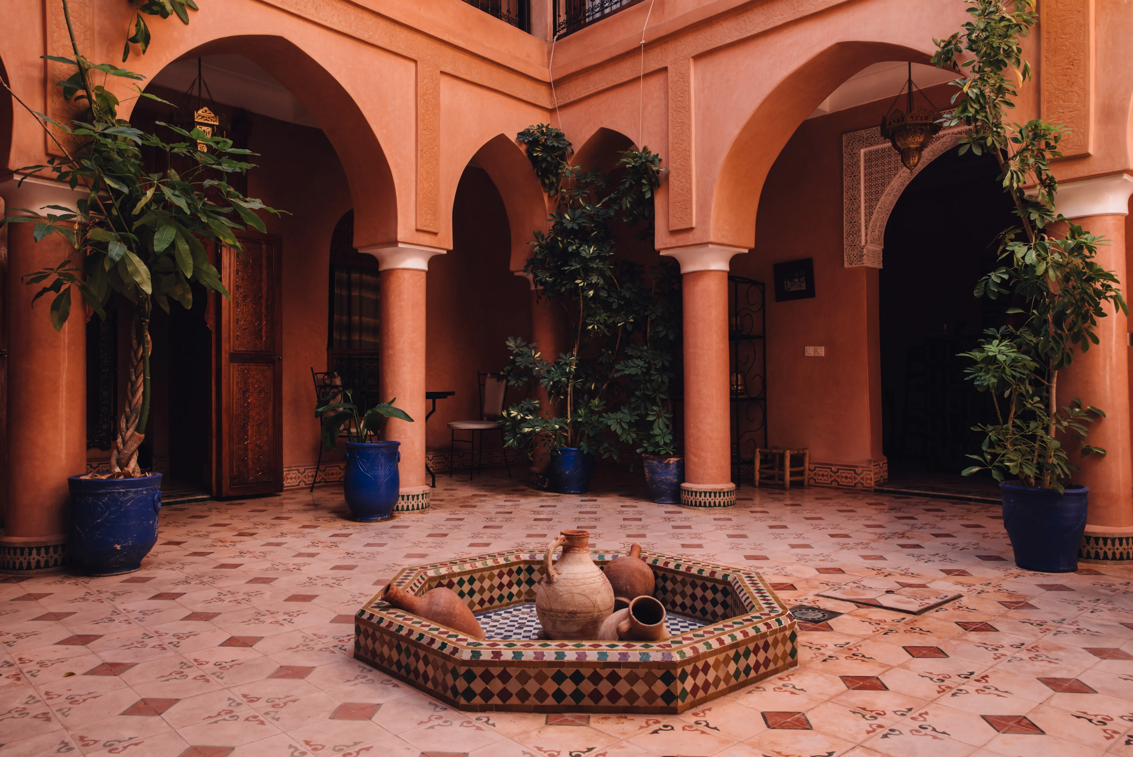 Traditional Moroccan patio view - Beautiful central courtyard at Riad Bensaid Marrakech