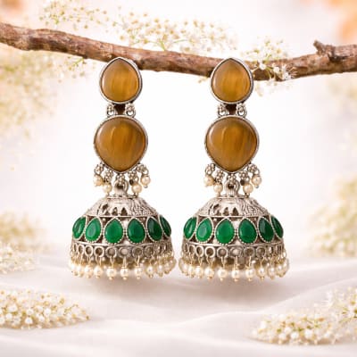 Pastel Oxidized Silver Jhumka with Rose Pink & Mint Green Accents