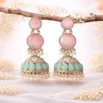 Pastel Oxidized Silver Jhumka with Rose Pink & Mint Green Accents