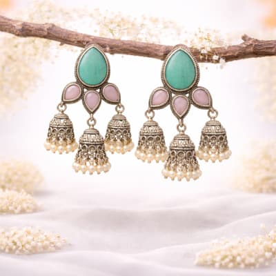 Oxidized Silver Triple-Bell Chandbali Drops with Black Onyx