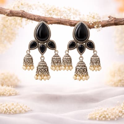 Oxidized Silver Triple-Bell Chandbali Drops with Black Onyx