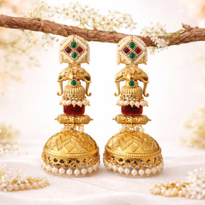Gold-Toned Oxidized Dual Elephant Temple Jhumkas with Pearl Fringes