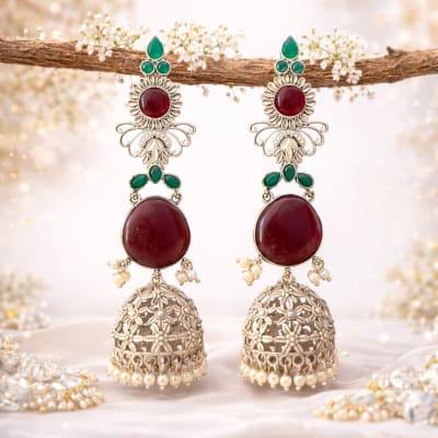 Regal Long-Drop Oxidized Floral Jhumkas with Teardrop Accents