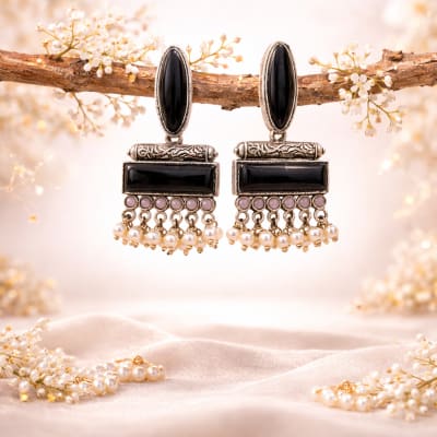 Contemporary Oxidized Silver Rectangular Drops with Black Stone