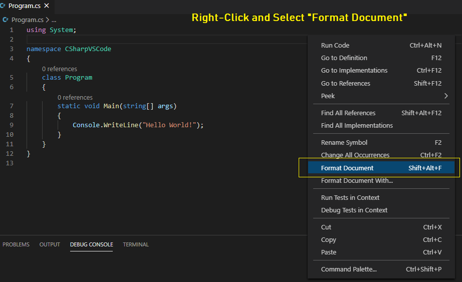 format document visual studio