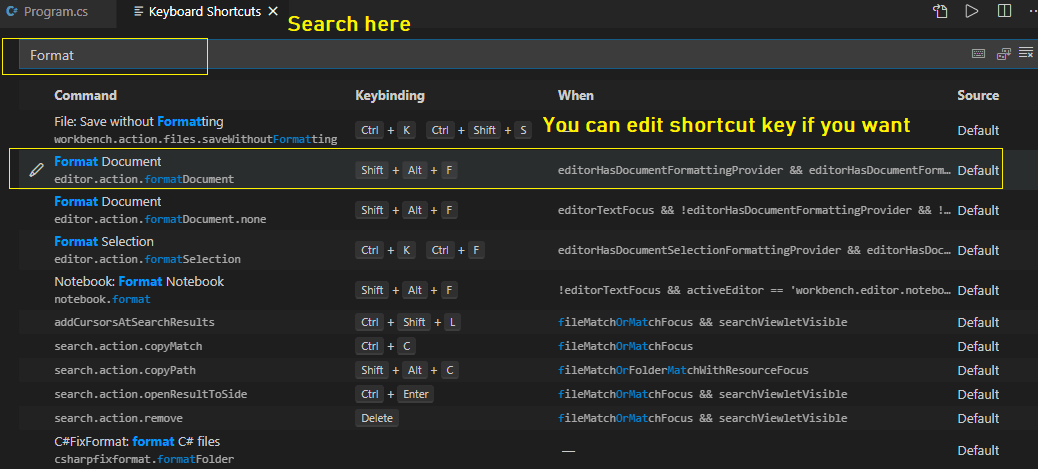 visual code shortcut keys