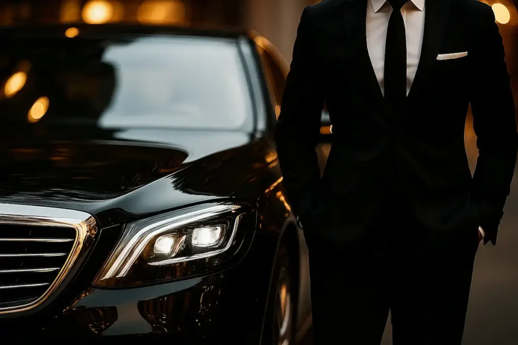 Chauffeur privé VTC de luxe à Bordeaux ouvrant la porte d'une berline premium