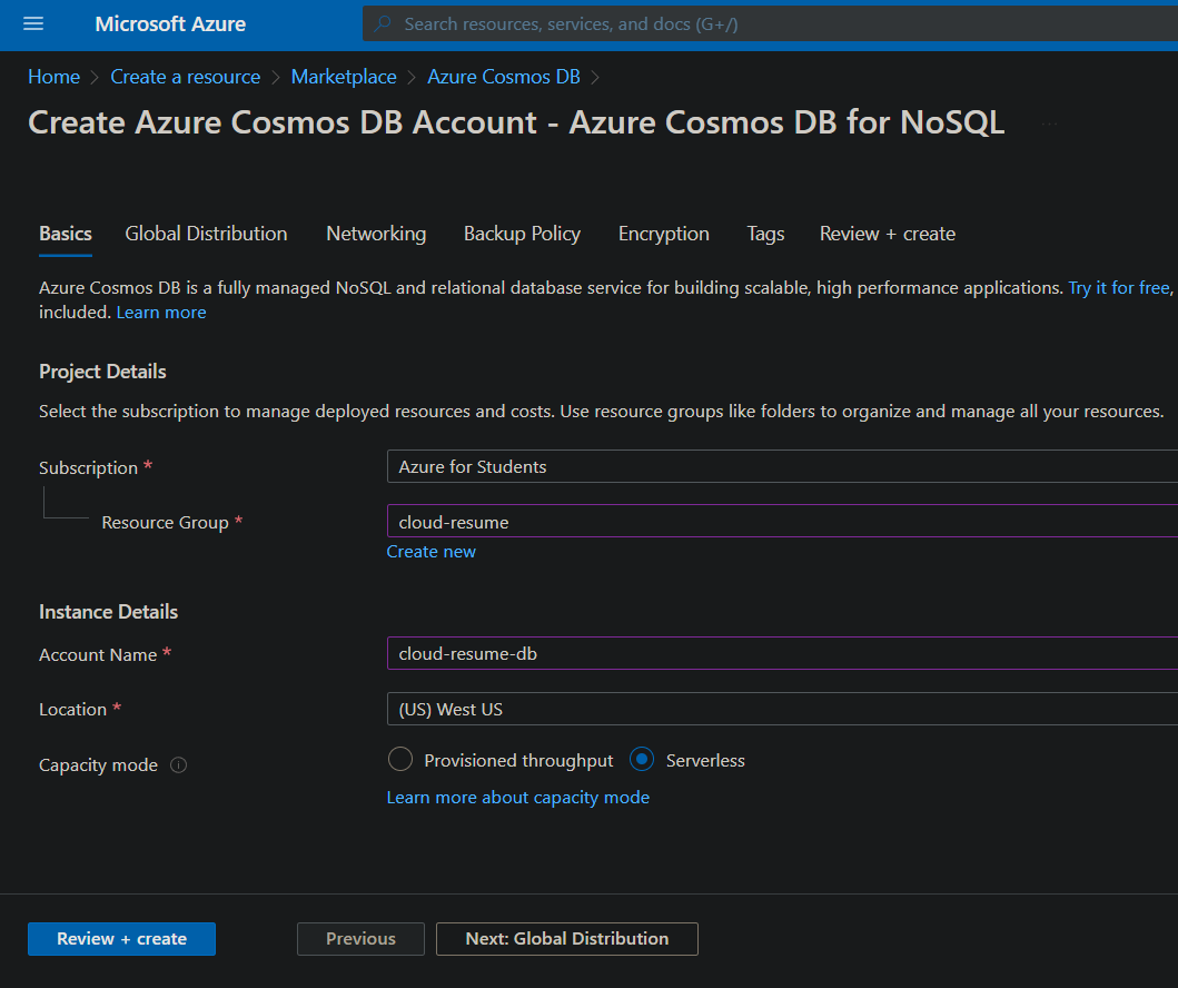creating a cosmos db