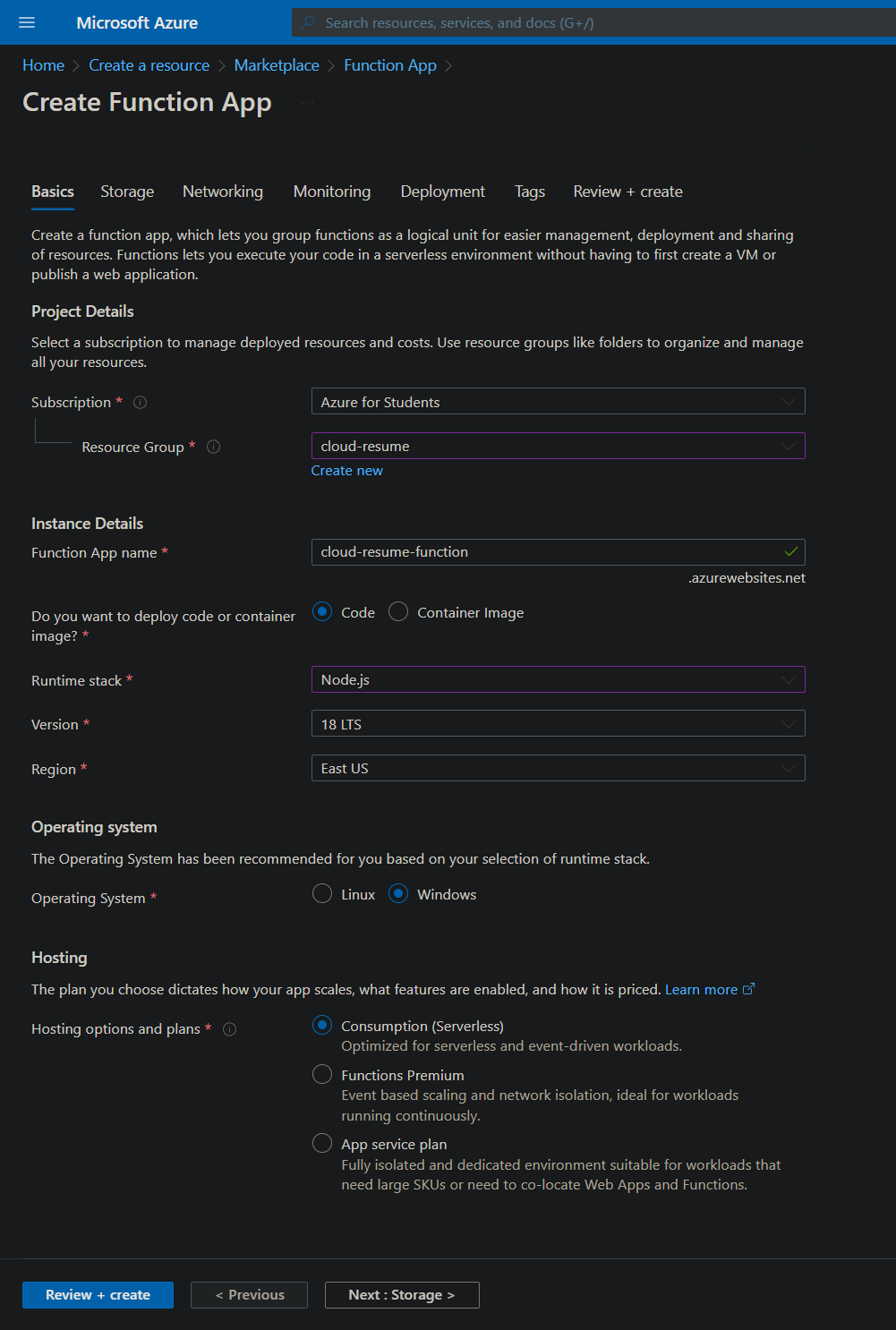 creating a function app