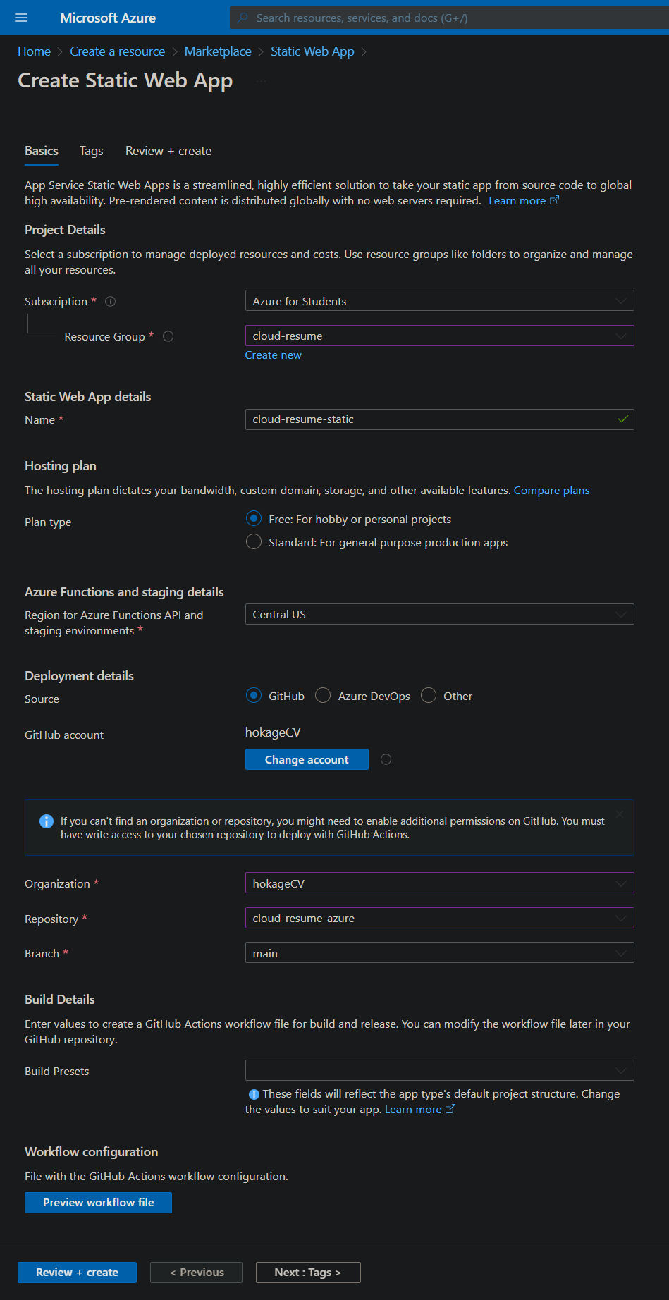 creating a static web app