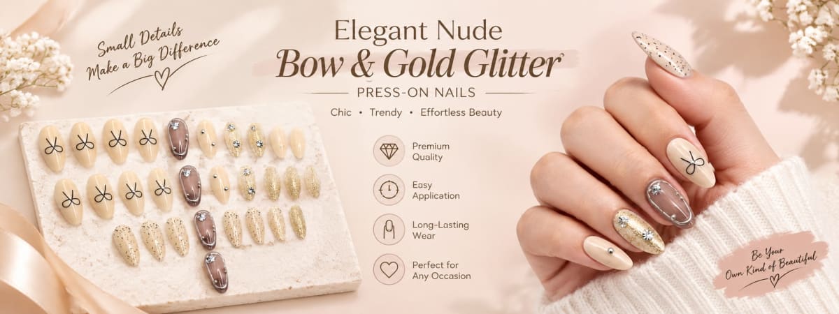 Elegant Nude Bow & Gold Glitter Press-On Nails(24 pcs in a box)